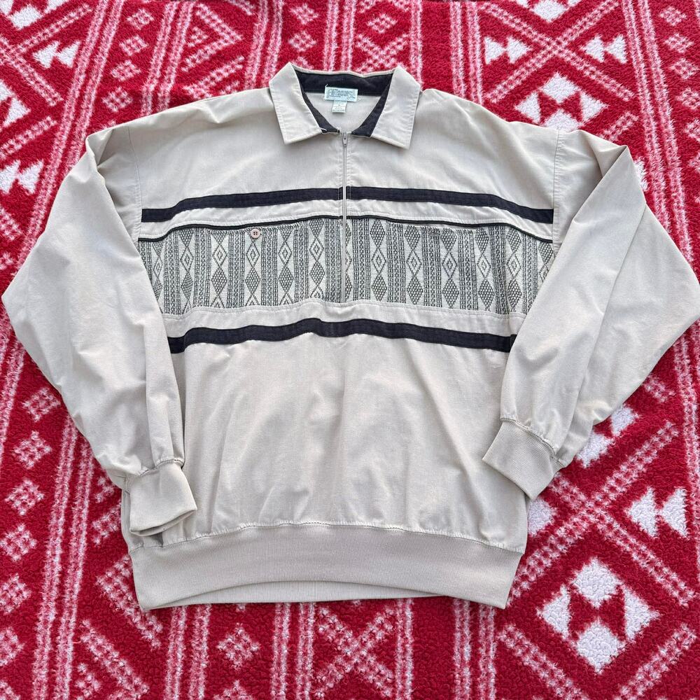 Vintage Alexxus Exclusive 1/4 Zip Pullover Large Beige Geometric Grandpa 90s